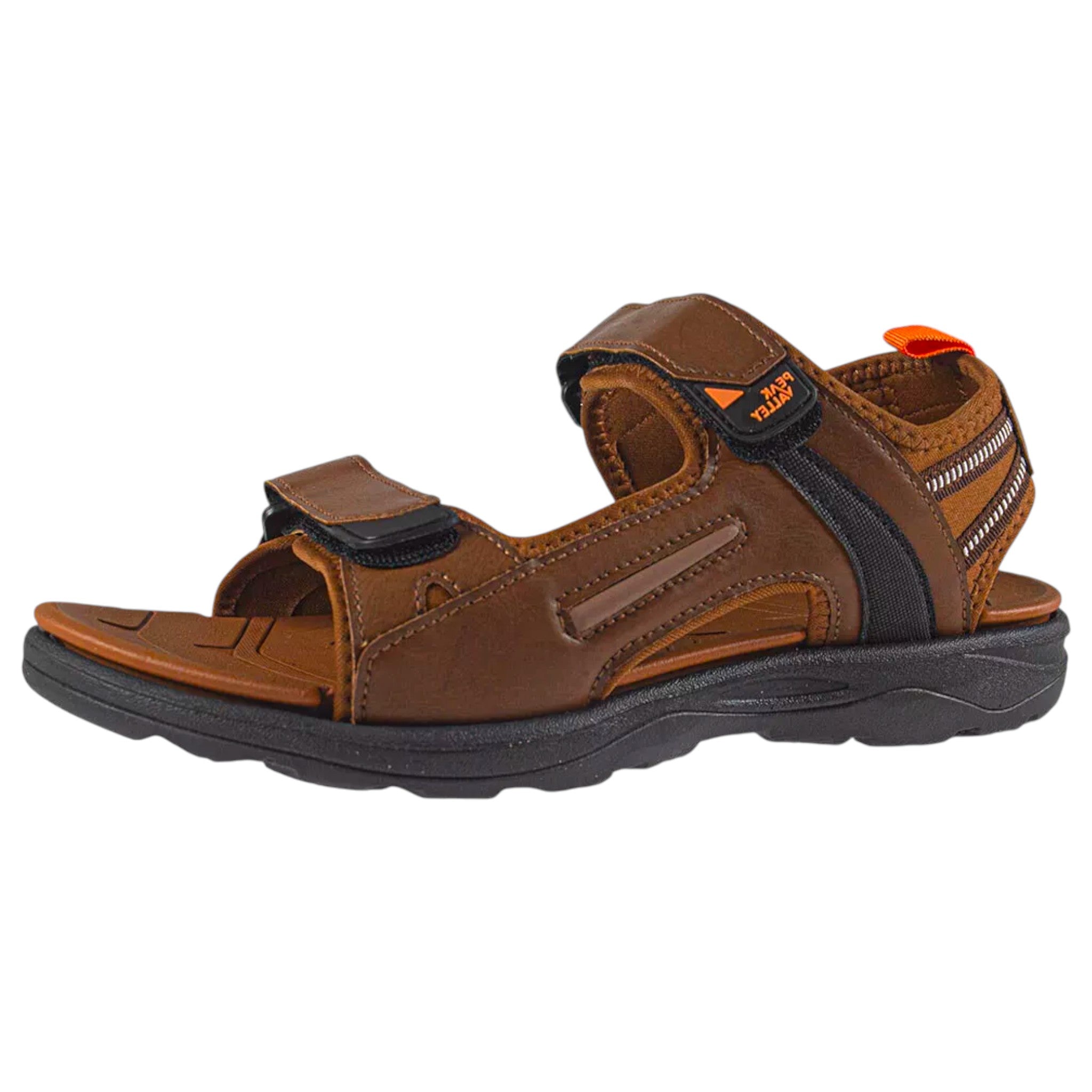 Men's brown Peak Valley outdoor sandals with rugged sole and adjustable Velcro straps – durable trekking and walking footwear